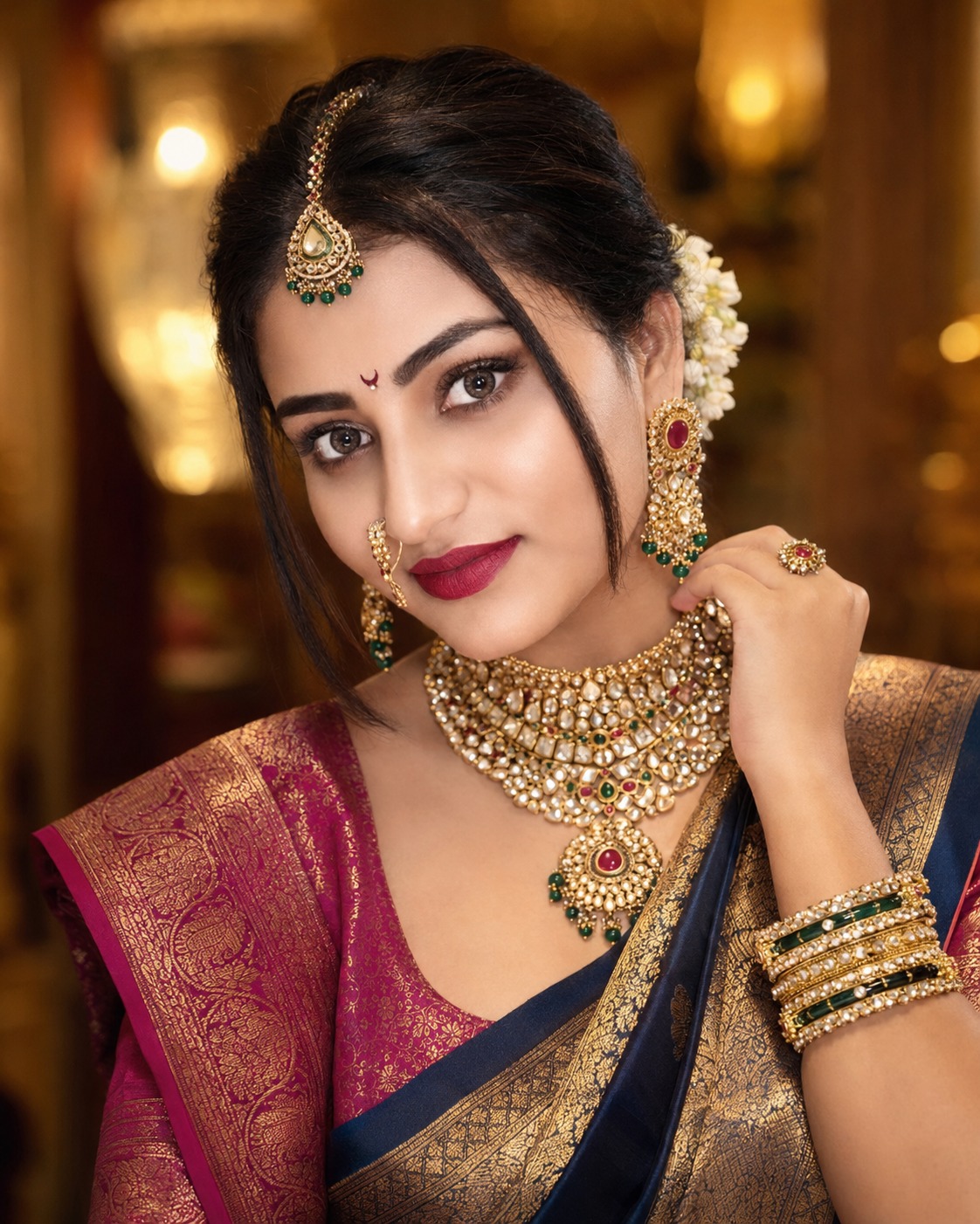 Indian woman in traditional attire wearing a layered semi-bridal necklace and earring set